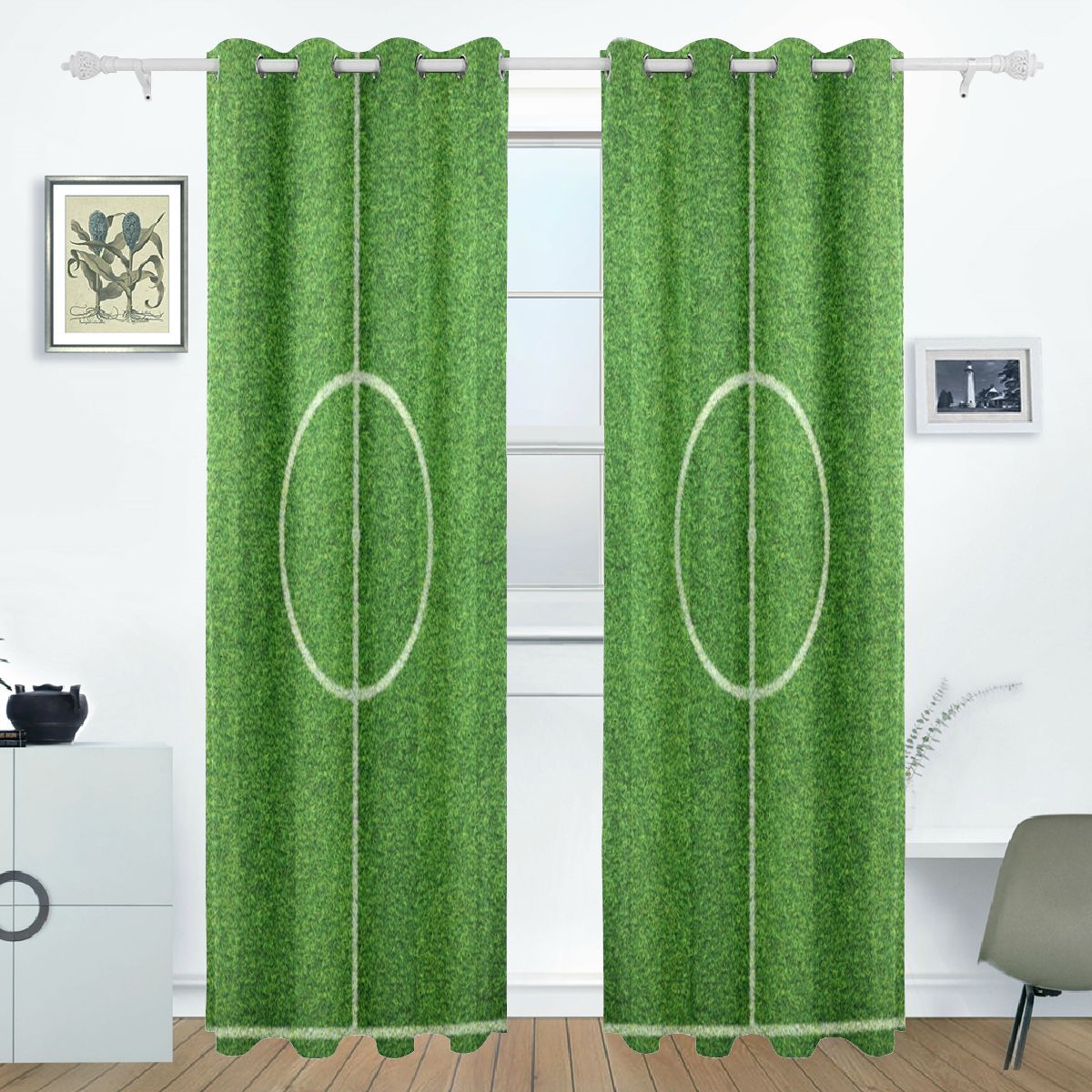 2 Panel Curtains For Living Room Soccer Green Football Stadium Print ...