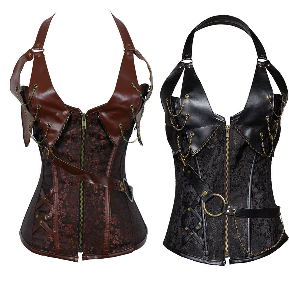Image of Plus Size Zip Front Brocade Steampunk Faux Leather Corset Lingerie Basque Shaper