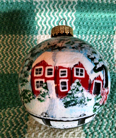Hand-painted winter Farm House ornament - Ornaments