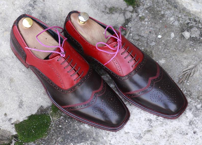 Handmade Men's Red Brown Leather Wing Tip Brogue Shoes, Men Dress Fashion Shoes
