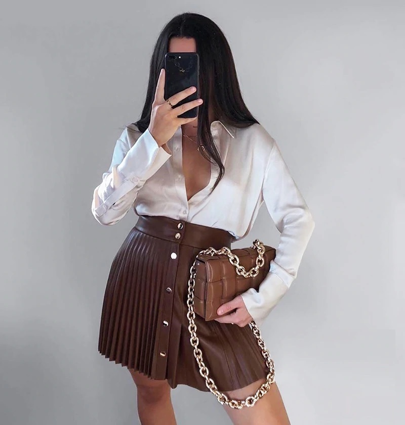 New brown pleated button down faux leather mini length short women skirt