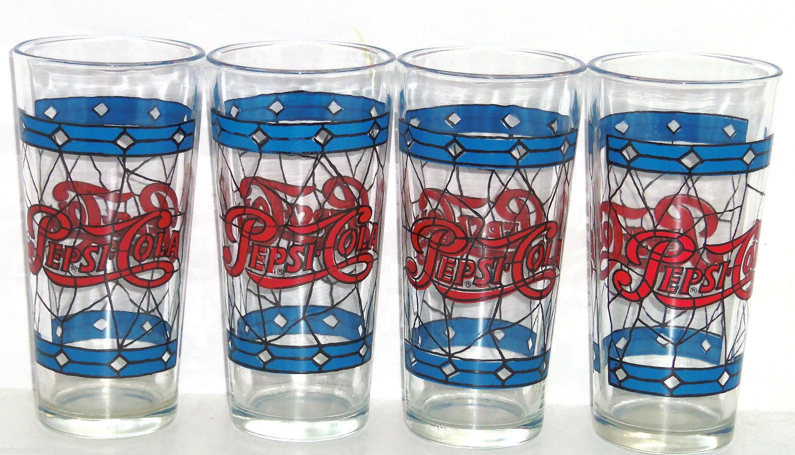 Pepsi Cola Drinking Glasses Stained Glass Red Blue Vintage 1970 S Lot Of 4 Glasses