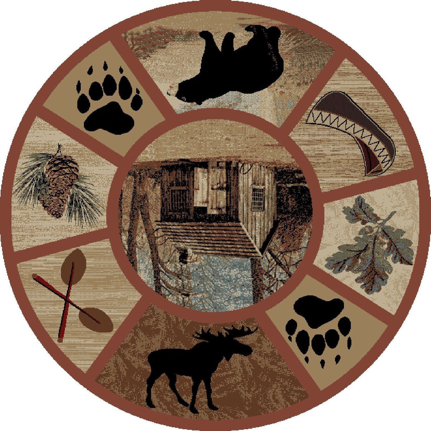 5' Round (5'3") Lodge Cabin Bear Moose Fish Pinecone Area Rug *FREE