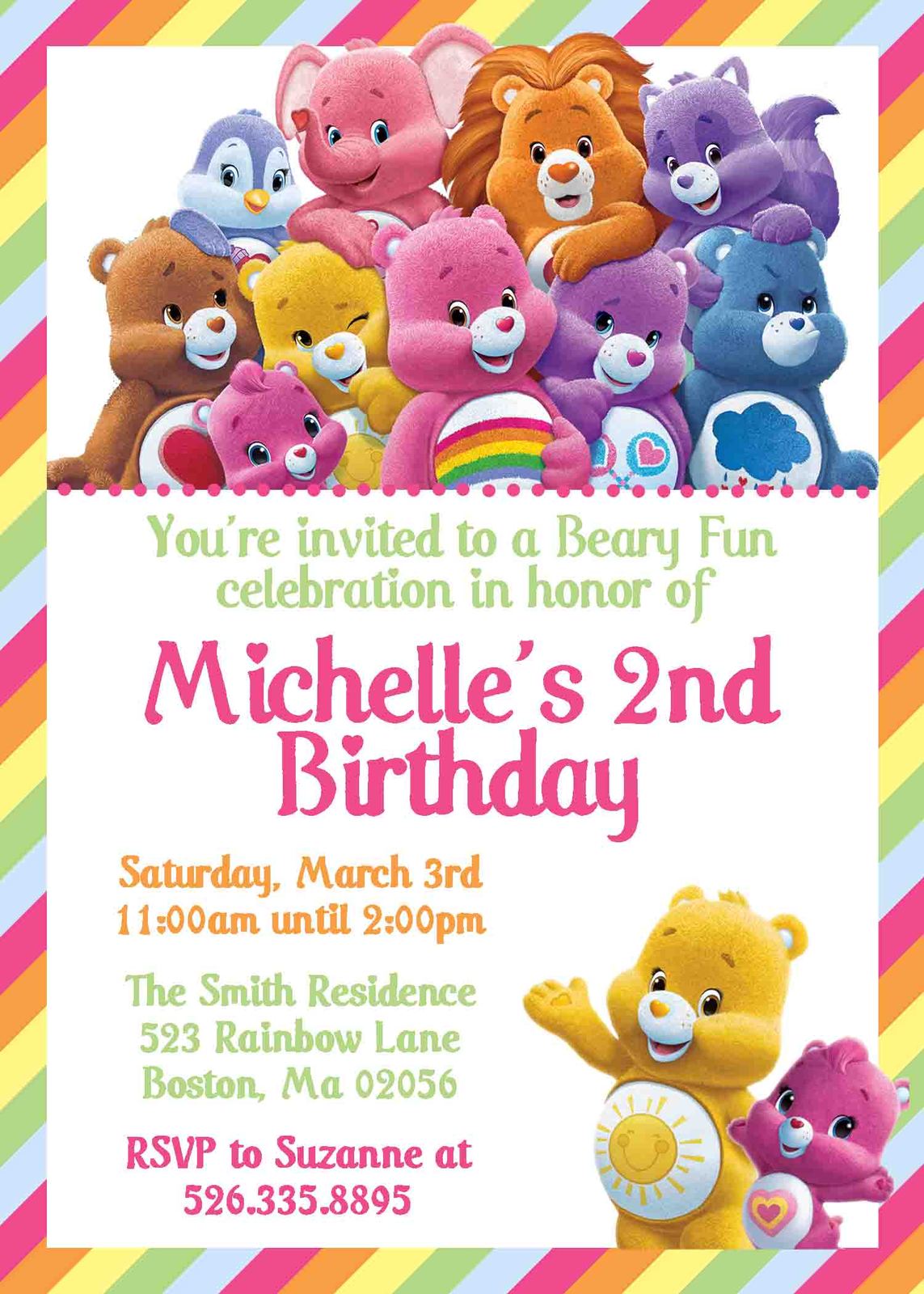 Care Bears Themed Birthday Invitation Personalized Rainbow Care bears