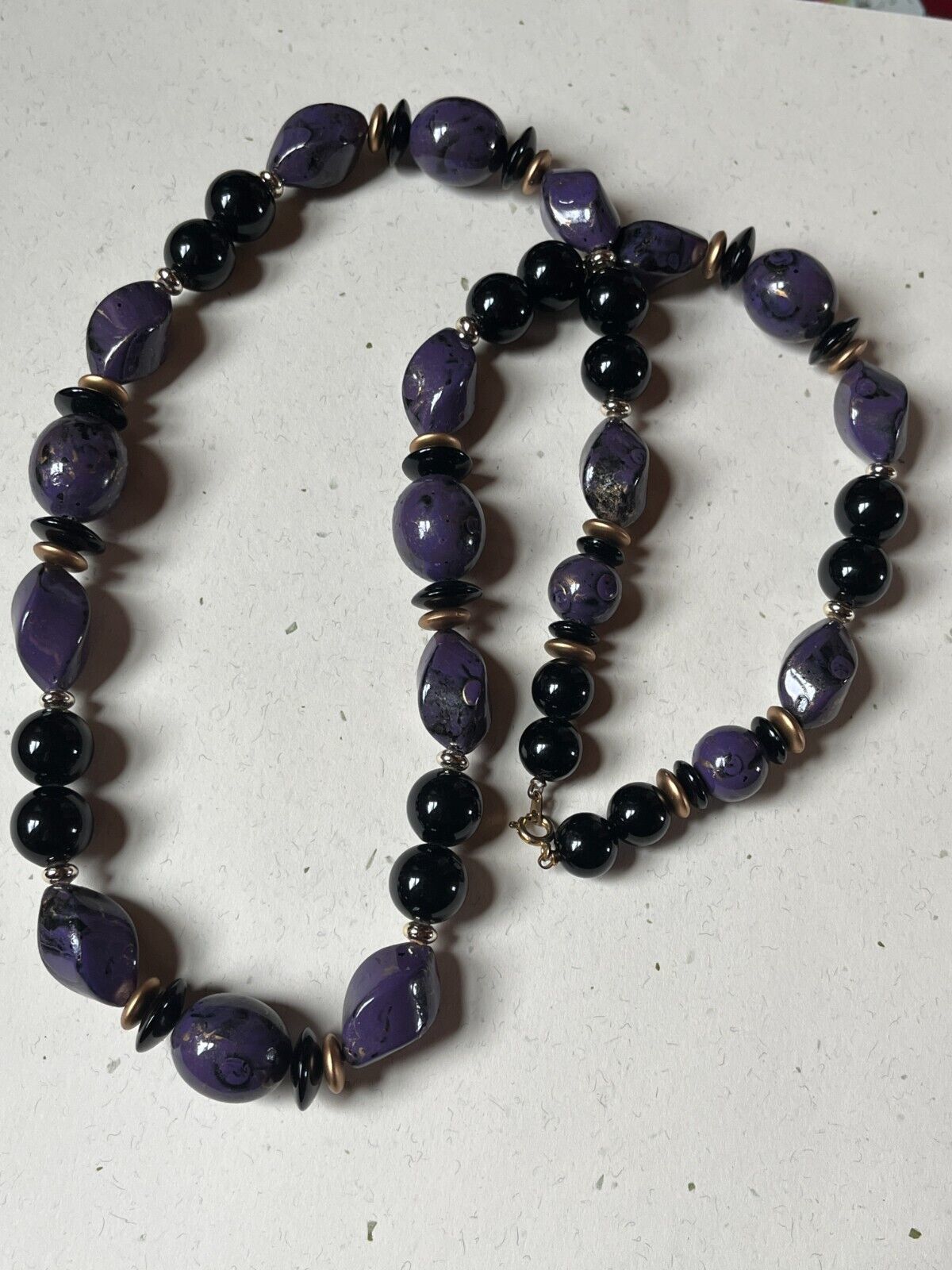 Primary image for Vintage Chunky Purple & Black w Goldtone Spacer Bead Necklace – 28 inches long x