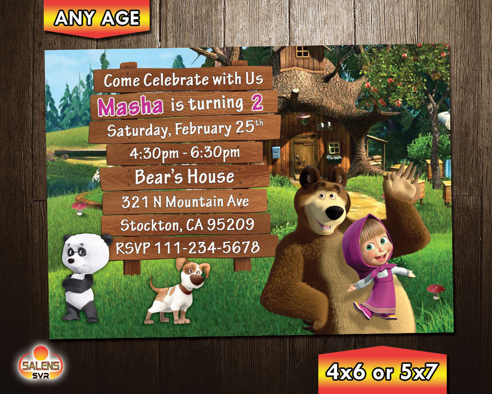 Masha and the Bear Birthday Invitation / Free Thank You Card - Greeting ...