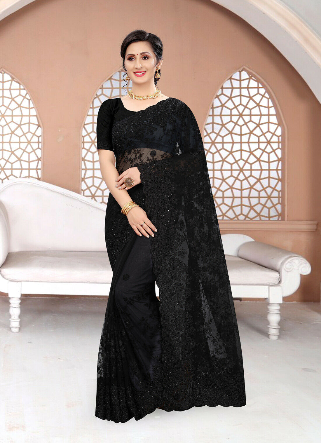 Designer Heavy Black Resham Embroidery Moti Stone Work Net Sari Party Wear Saree