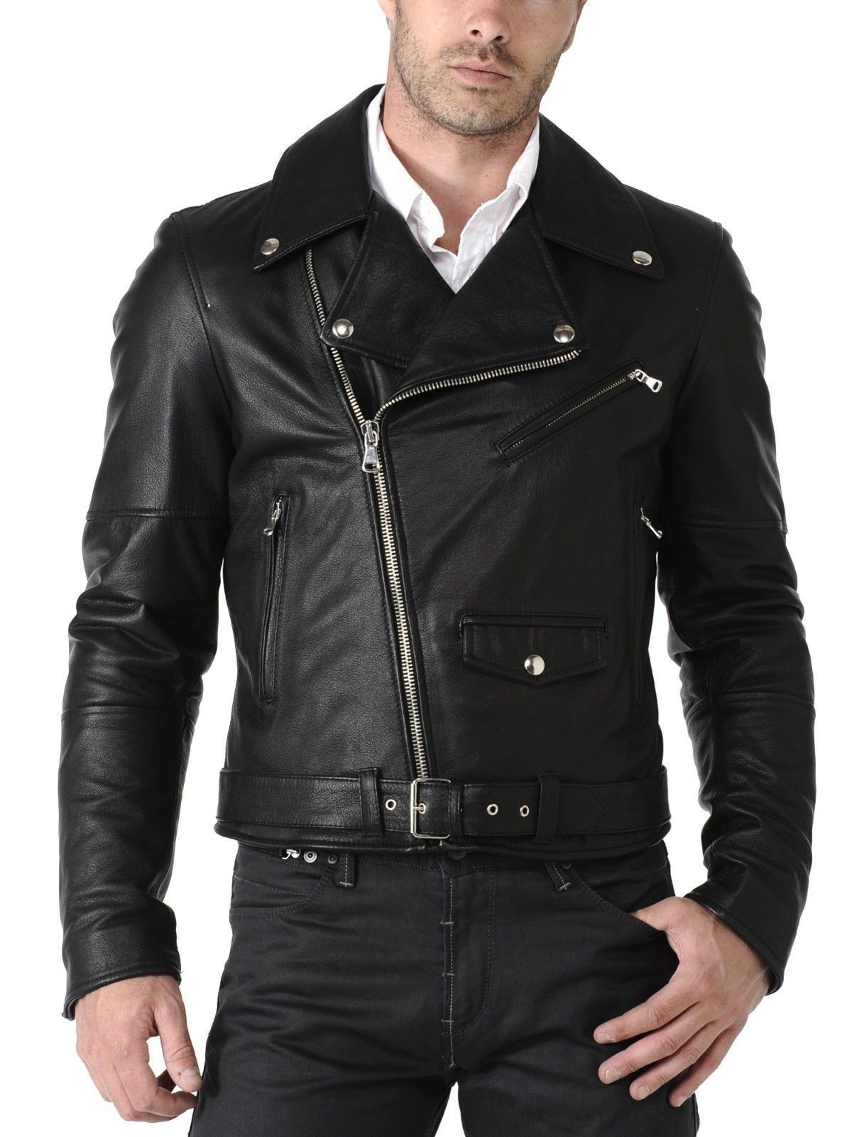 New Men's Slim fit Biker Motorcycle jacket Genuine Lambskin Leather ...