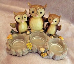 2012 Yankee Candle 3 OWLS Tealight CANDLE HOLDER Fall LEAVES &amp; ACORNS Ca... - $24.70