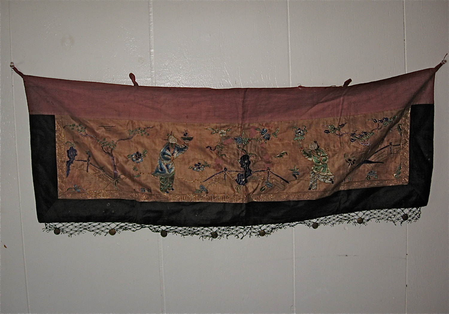 Antique Chinese Silk Tapestry wall hanging decorated with gold thread