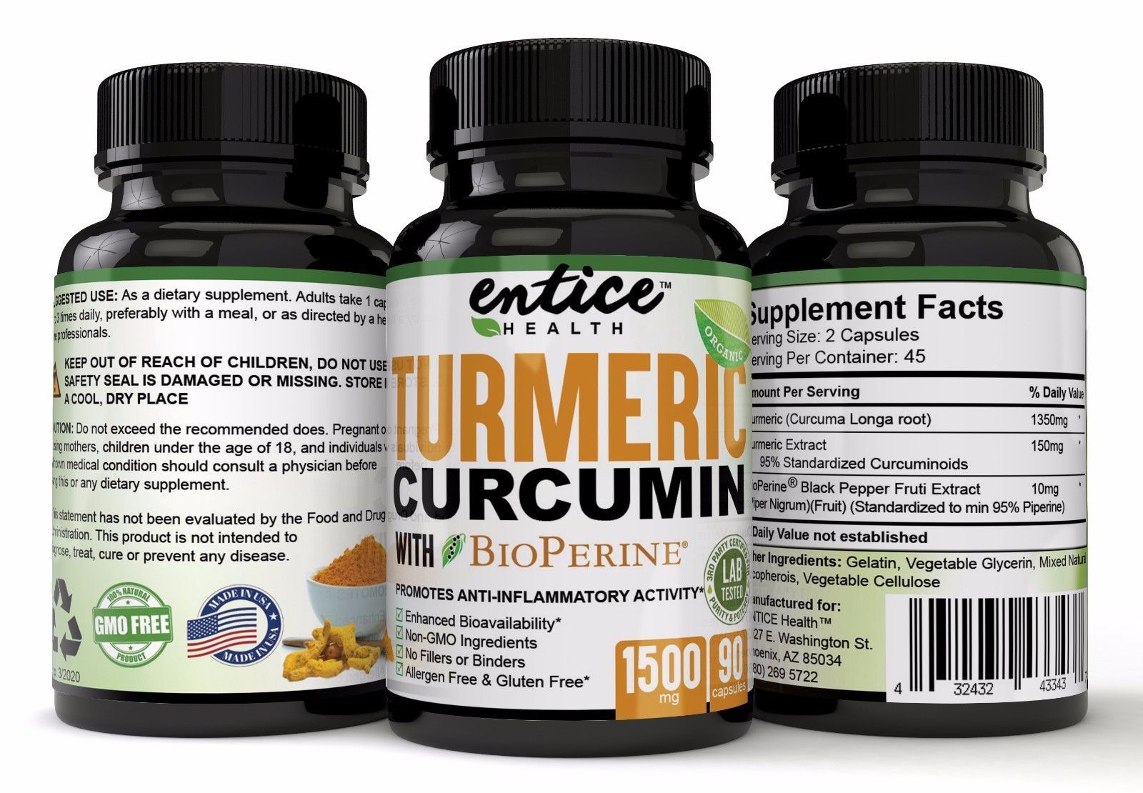 Turmeric Curcumin With BioPerine 1500 MG Black Pepper 100 Natural NO