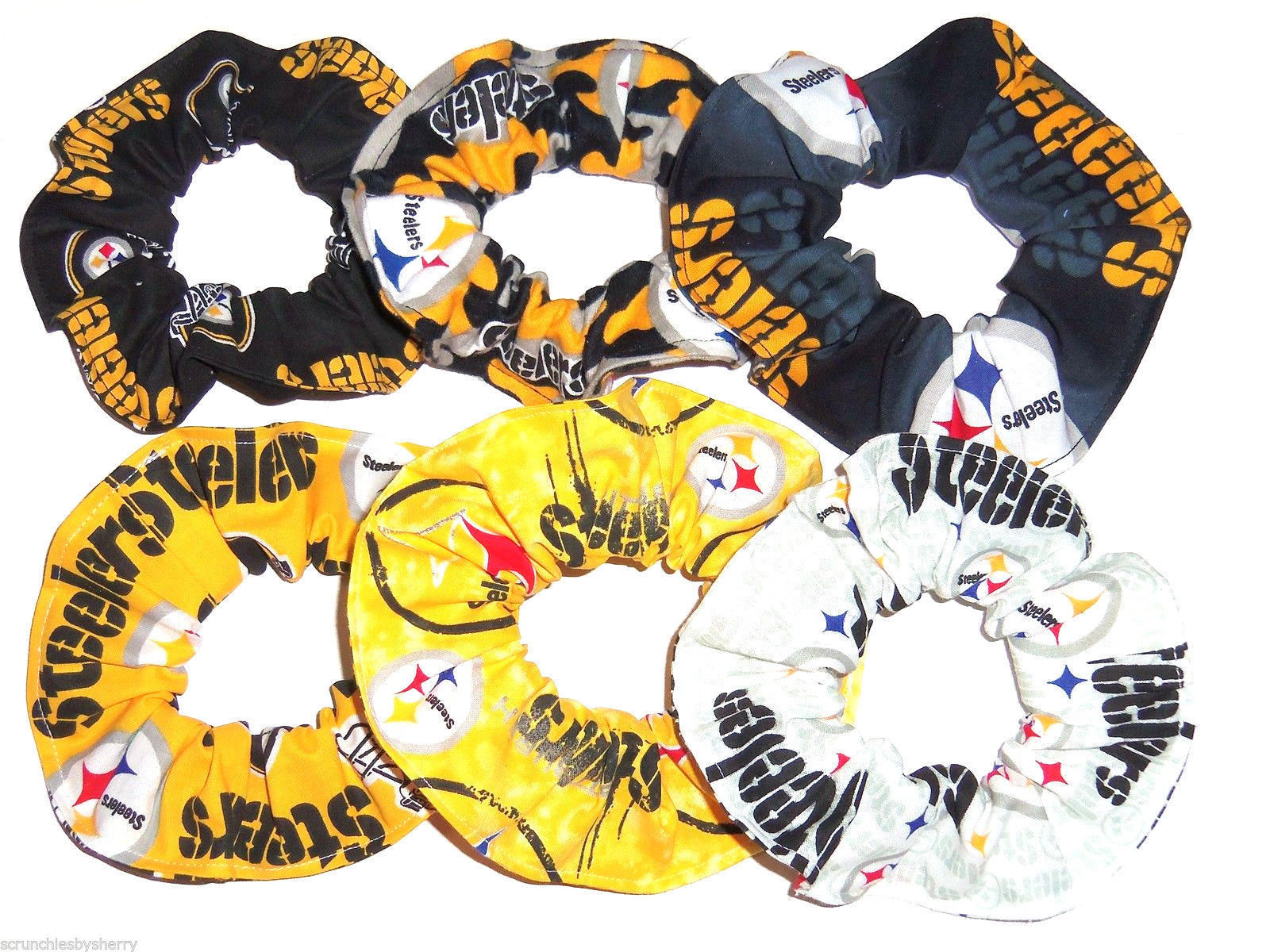 Primary image for Pittsburgh Steelers Fabric Hair Scrunchies by Sherry Ponytail Holder Lot of 6