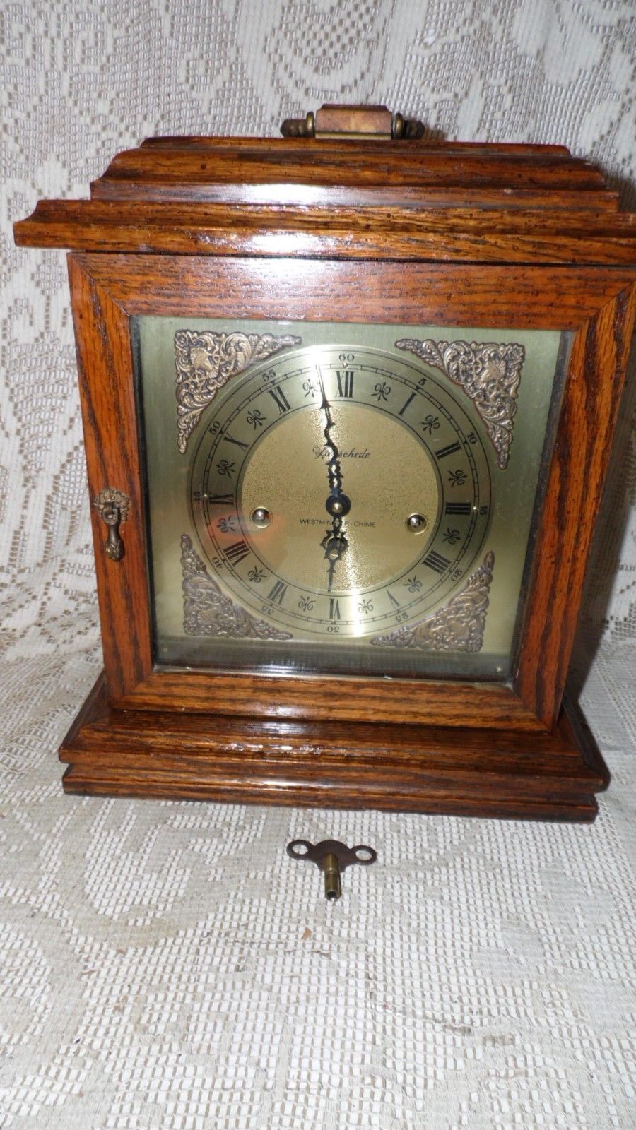 VINTAGE HERSCHEDE WESTMINSTER CHIME MANTEL CLOCK WITH KEY Shelf, Mantel