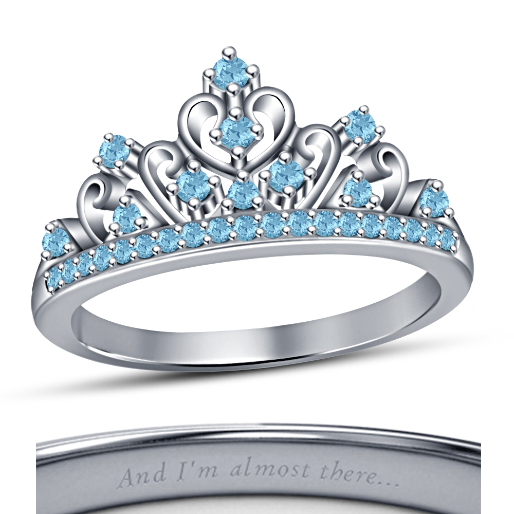 925 Sterling Silver Round Blue Aquamarine Jasmine Princess Crown
