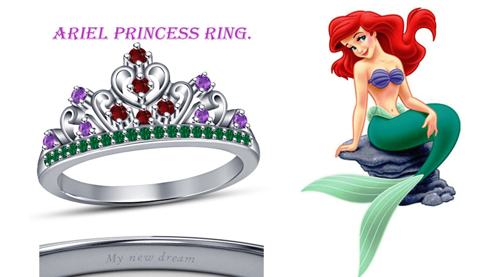 925 Sterling Silver Round Multi-Color Stone Ariel Princess Crown Engagement Ring