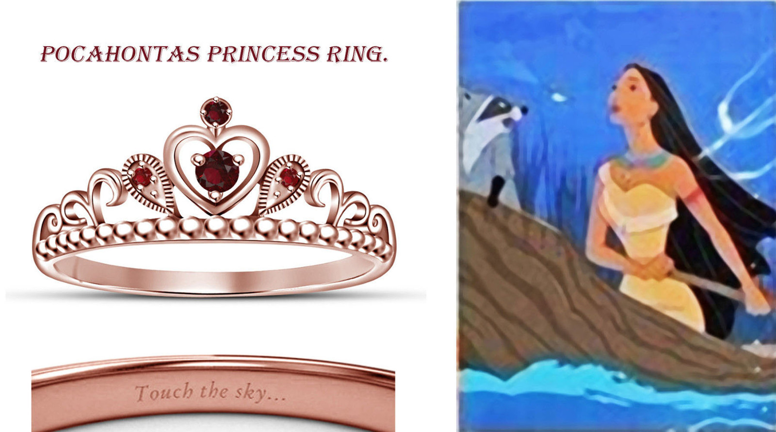18K Rose Gold Fn. Red Ruby Pocahontas Princess Crown Engagement Ring-Heart Ring