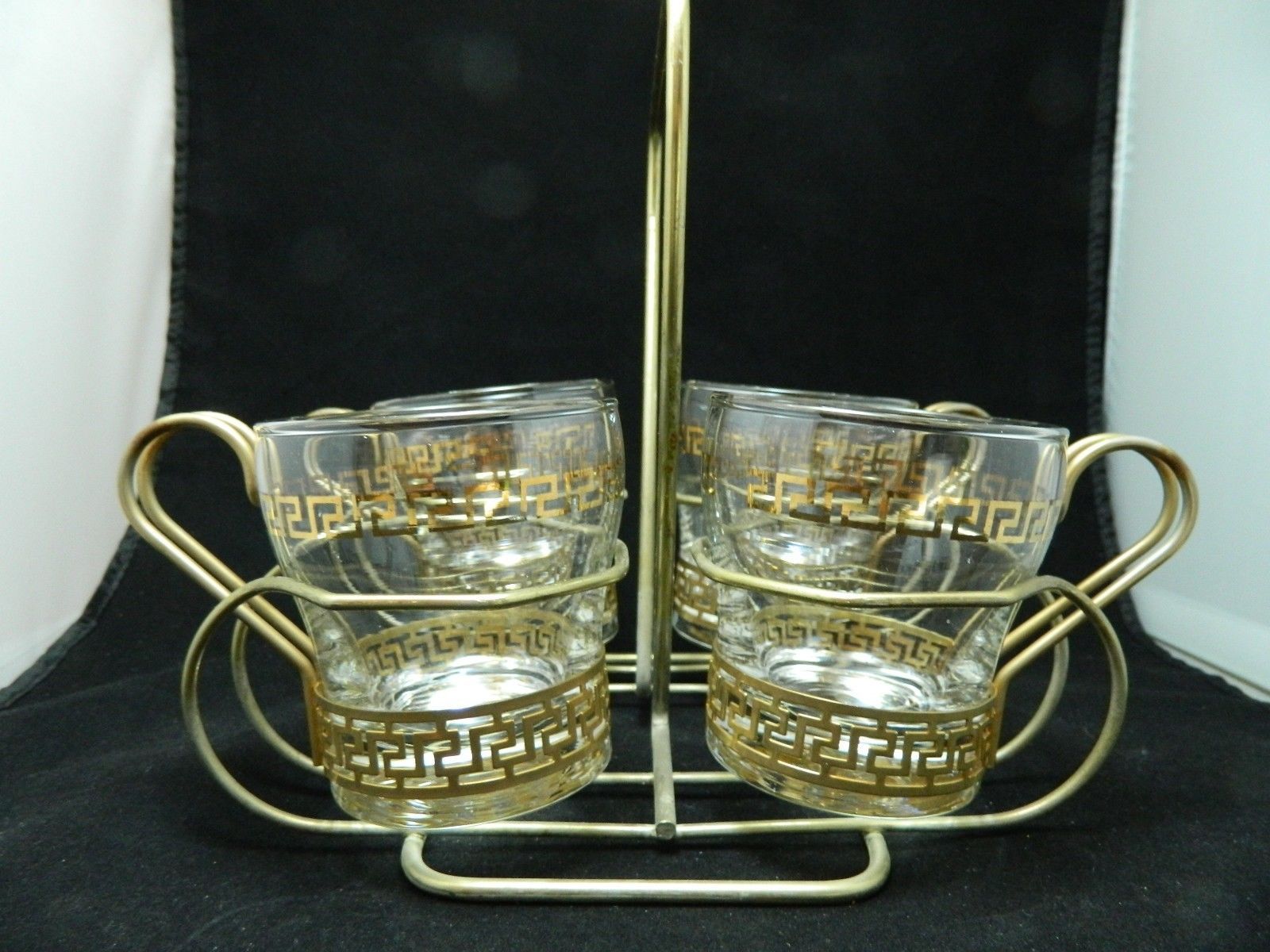 Vintage Art Deco Drinking Glasses (4) trimmed wire and Metal Carrying