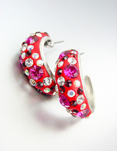 SHIMMERY Chic Alexis Aurora Borealis Fuchsia Crystals Red Resin Hoop Ear... - $16.99