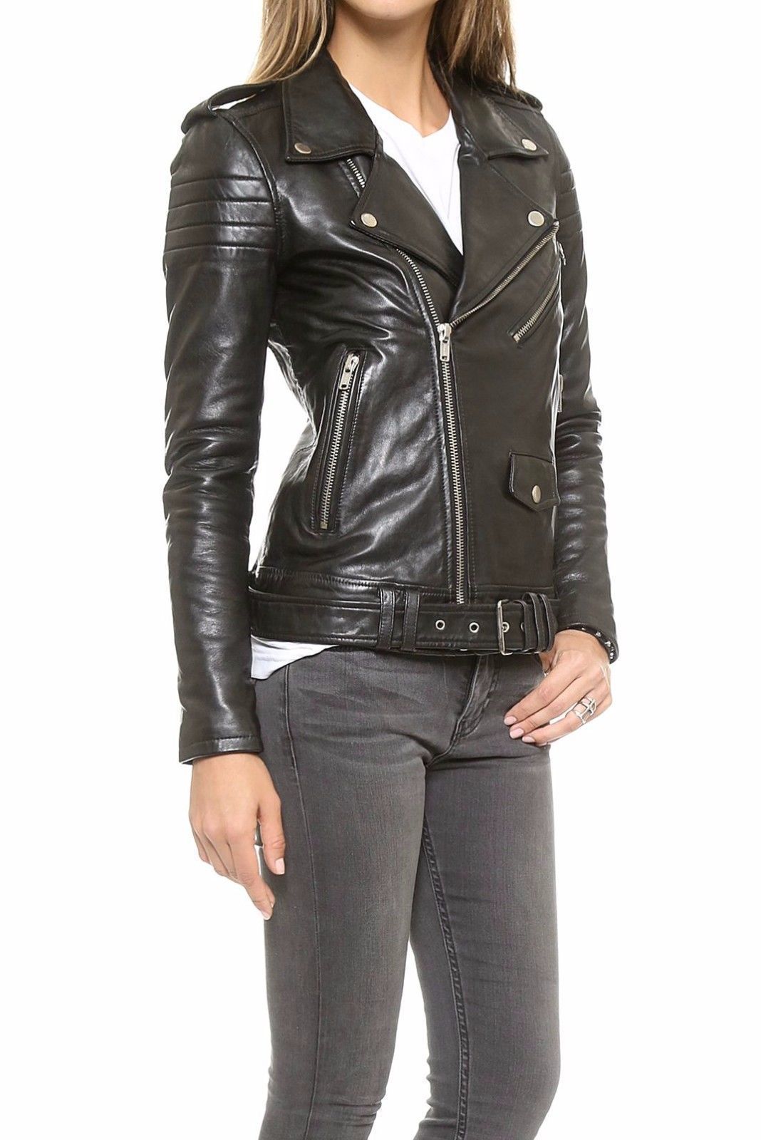 Black Women's Slim Fit Biker Diamond Quilted Real Leather Jacket-BNWT