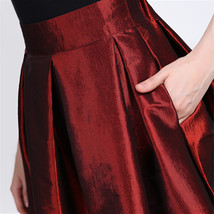 Women Pleated Midi Skirt A-Line Ruffle Taffeta Skirt Outfit - Burgundy,Plus Size image 6