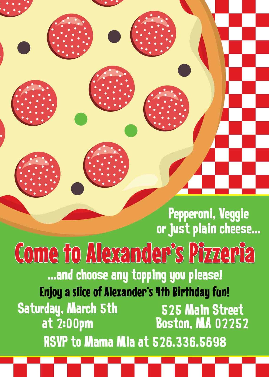 Pizza party invitation birthday personalized Pizzaria Custom Red ...