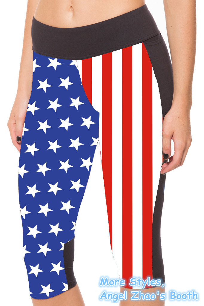 Image of American Flag Stripes Cropped Leggings for Womens Short Pants Sport Gym Tights