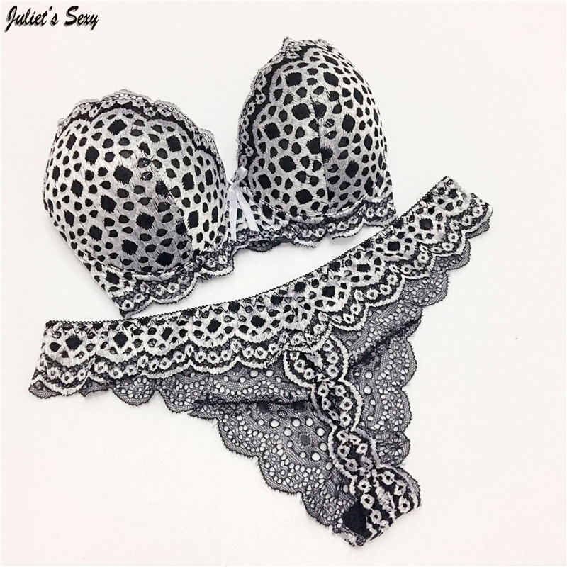 Sexy LEOPARD thong Set Push Up Lace Bra and Panty Sets Womens Underwear Silver