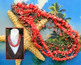 Vintage Red Coral Chips Necklace Copper Rings Links Multi Four Strand - $64.95