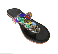 Women Slippers Ethnic Leather Flipflops Indian Handmade Black Flat US 6-10 - $44.99