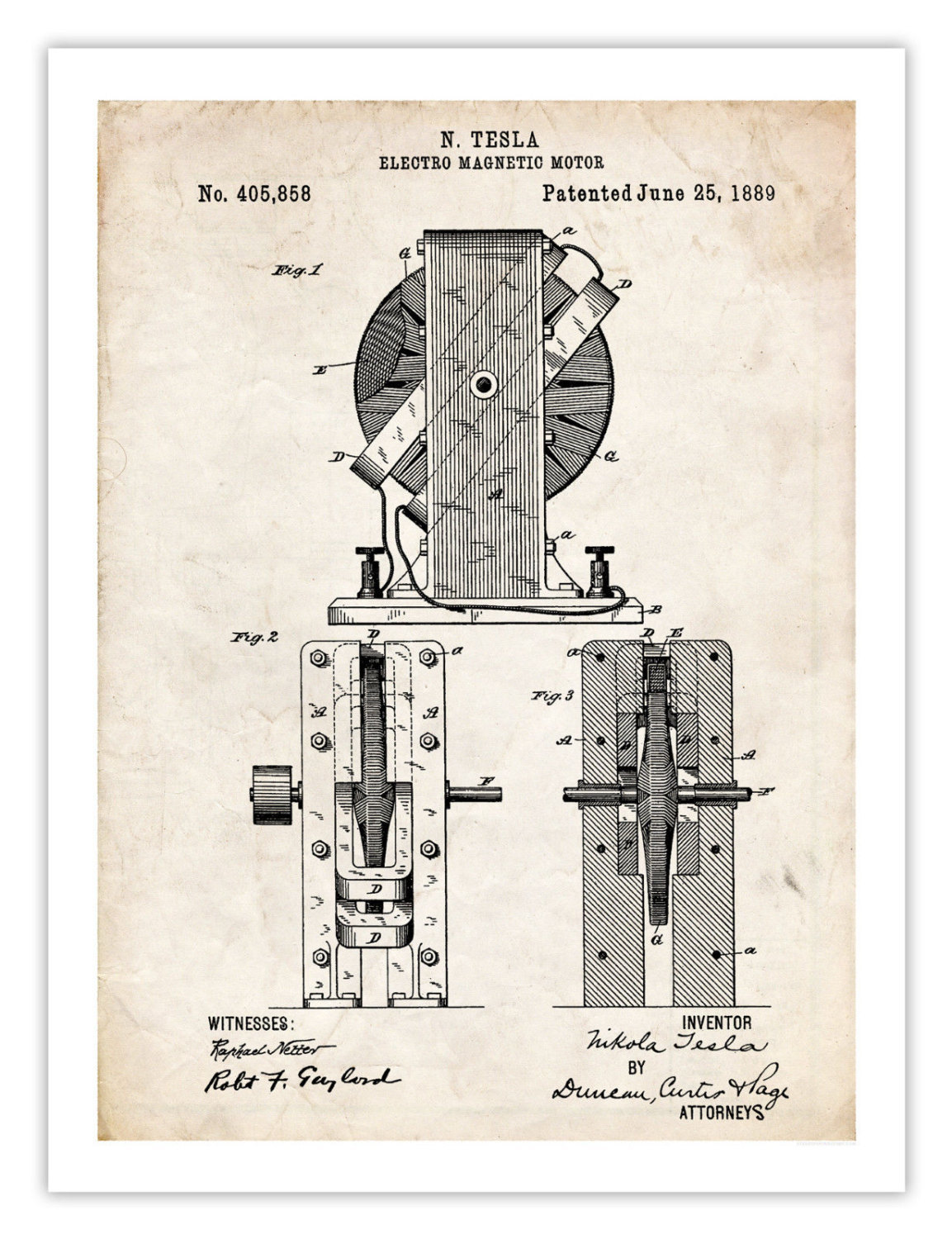 TESLA ELECTRIC MOTOR invention poster 18x24" 1889 patent print (Free