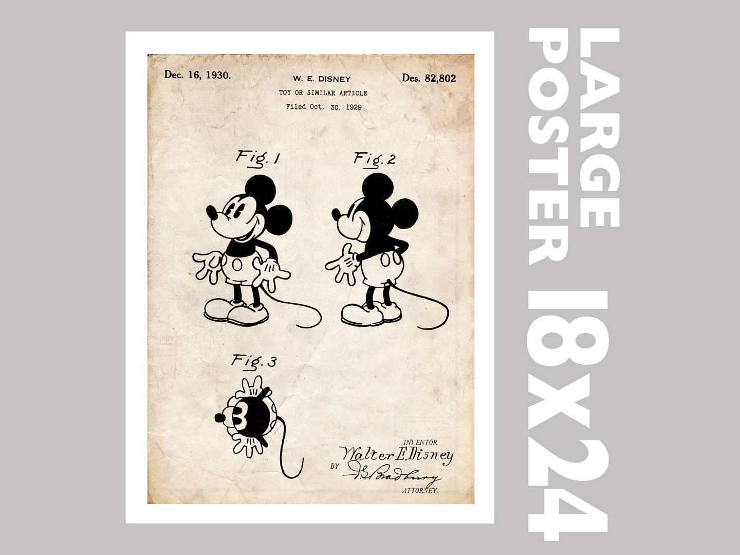 Mickey Mouse Poster 18x24 1930 Walt Disney Patent Art Print Free Shipping Art Posters
