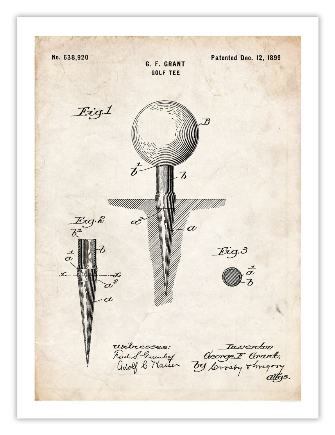 GOLF TEE INVENTION Poster 18x24" 1899 patent art print (Free Shipping
