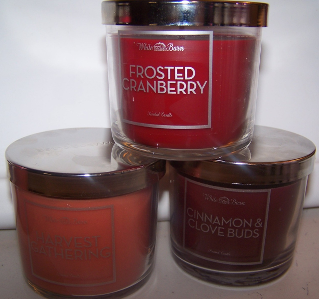 3 White Barn Scented Candle Cinnamon Clove, Frosted Cranberry, Harvest