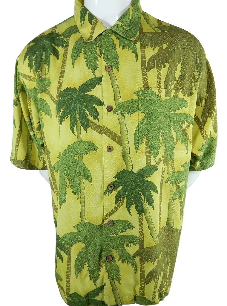 Tommy Bahama Silk Yellow Hawaiian Palm Trees Camp Loop Collar Button Shirt XL  - $44.95