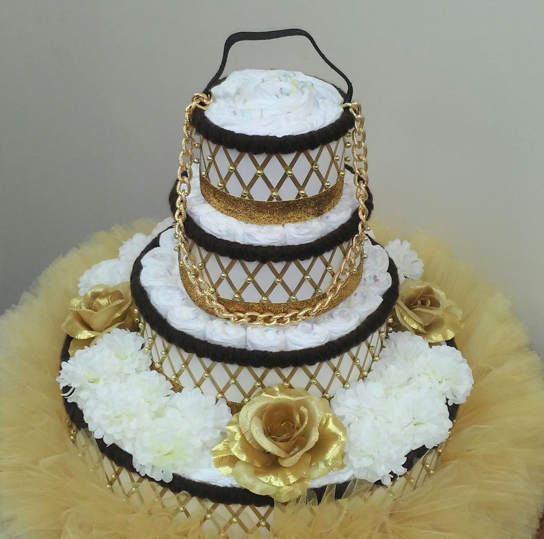 Louis Vuitton Purse Theme Baby Shower 4 Tier Gold and Brown Tutu Diaper Cake - Diaper Cakes