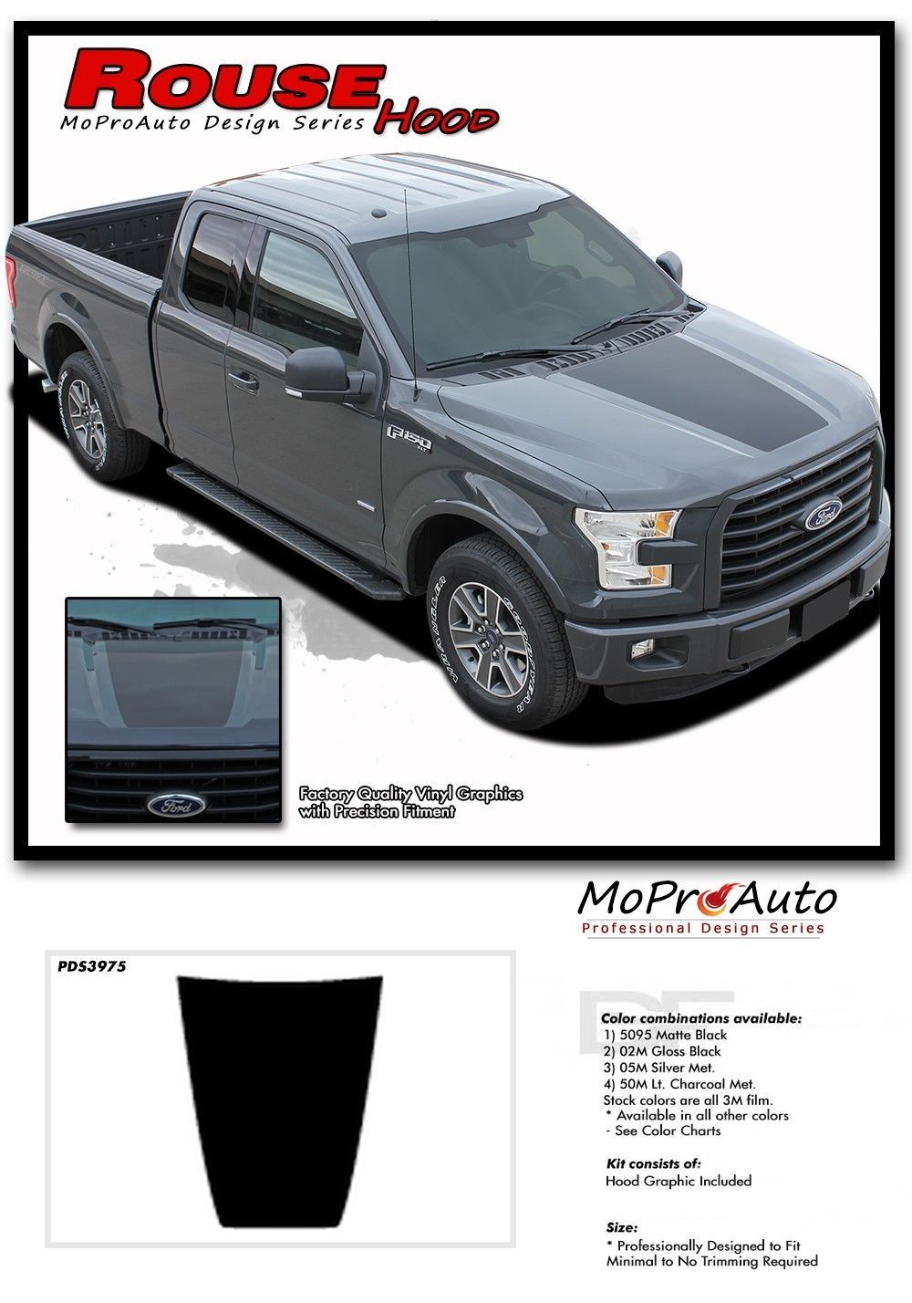 2015-2017 Ford F-150 Solid ROUSH STYLE Hood Decals Stripes 3M Vinyl ...