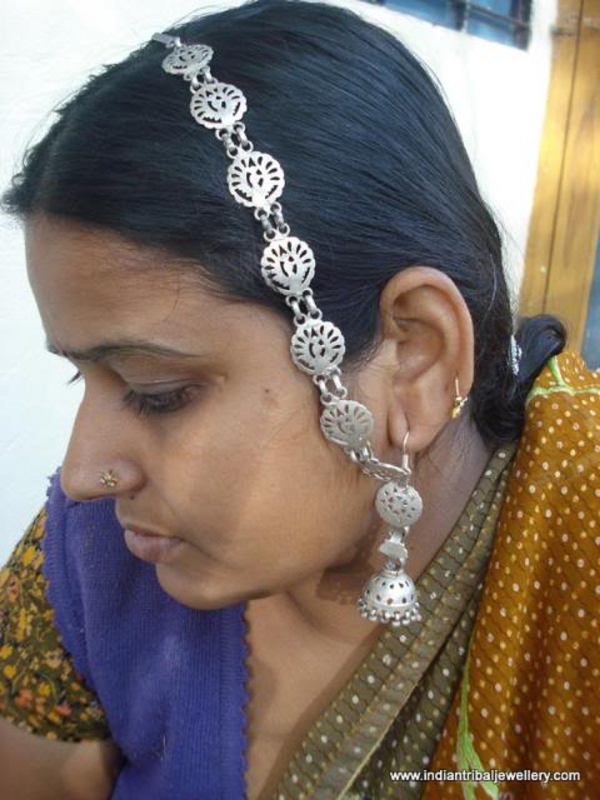 silver earrings with hair chain