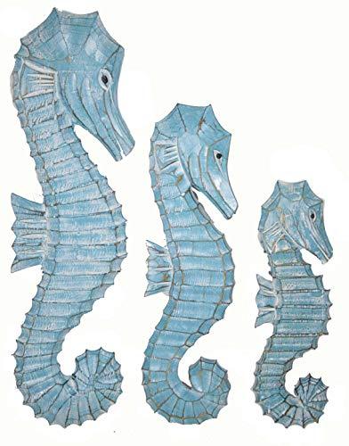 WorldBazzar Nautical Set of 3 Wood Teal Blue Aqua Seahorses Wall Art Decor 20 1