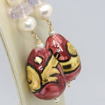 18K YELLOW GOLD EARRINGS AMETHYST PEARL & CERAMIC BIG DROP HAND PAINTED IN ITALY image 3