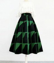 Women Vintage Inspired GREEN BLACK Midi Party Skirt Winter Pleated Holiday Skirt