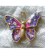 Elegant Glitter Purple &amp; Pink Enamel Gold-tone Butterfly Brooch 1970s vi... - $12.30