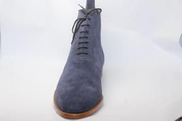 Handmade Men's Blue Suede Two Tone High Ankle Lace Up Boots image 3