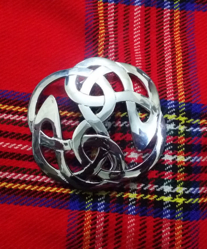 Men's Scottish Celtic Knot Kilt Fly Plaid Brooch 3.5" Chrome Finish/Pin Brooches