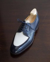 Handmade Men's Two Tone White And Blue Leather Lace Up Shoes image 4