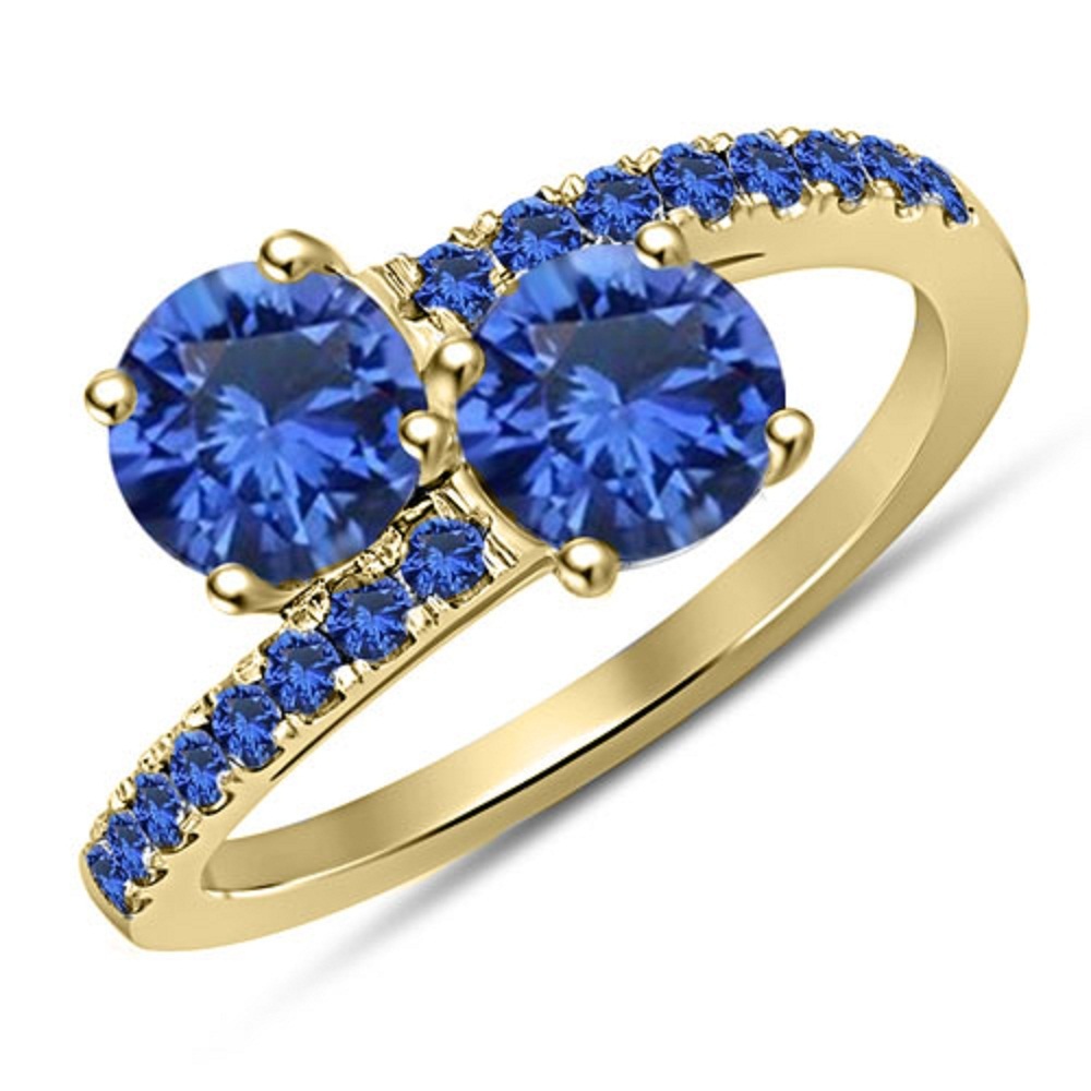 2 Carat Forever Us Two Stone Round Blue Sapphire Solitaire Ring 14K Gold Fn