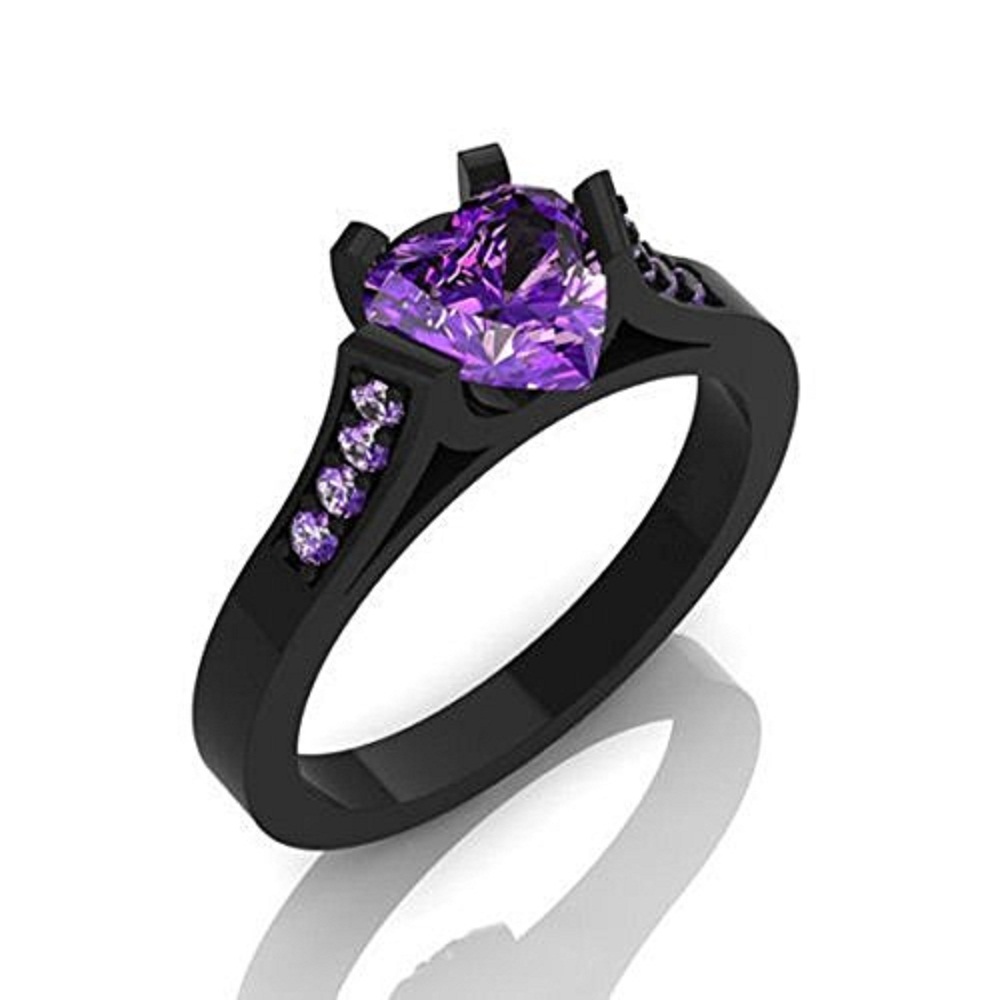 Solitaire Assents Engagement Ring 14K Black Rhodium Purple Heart Amethyst Stone