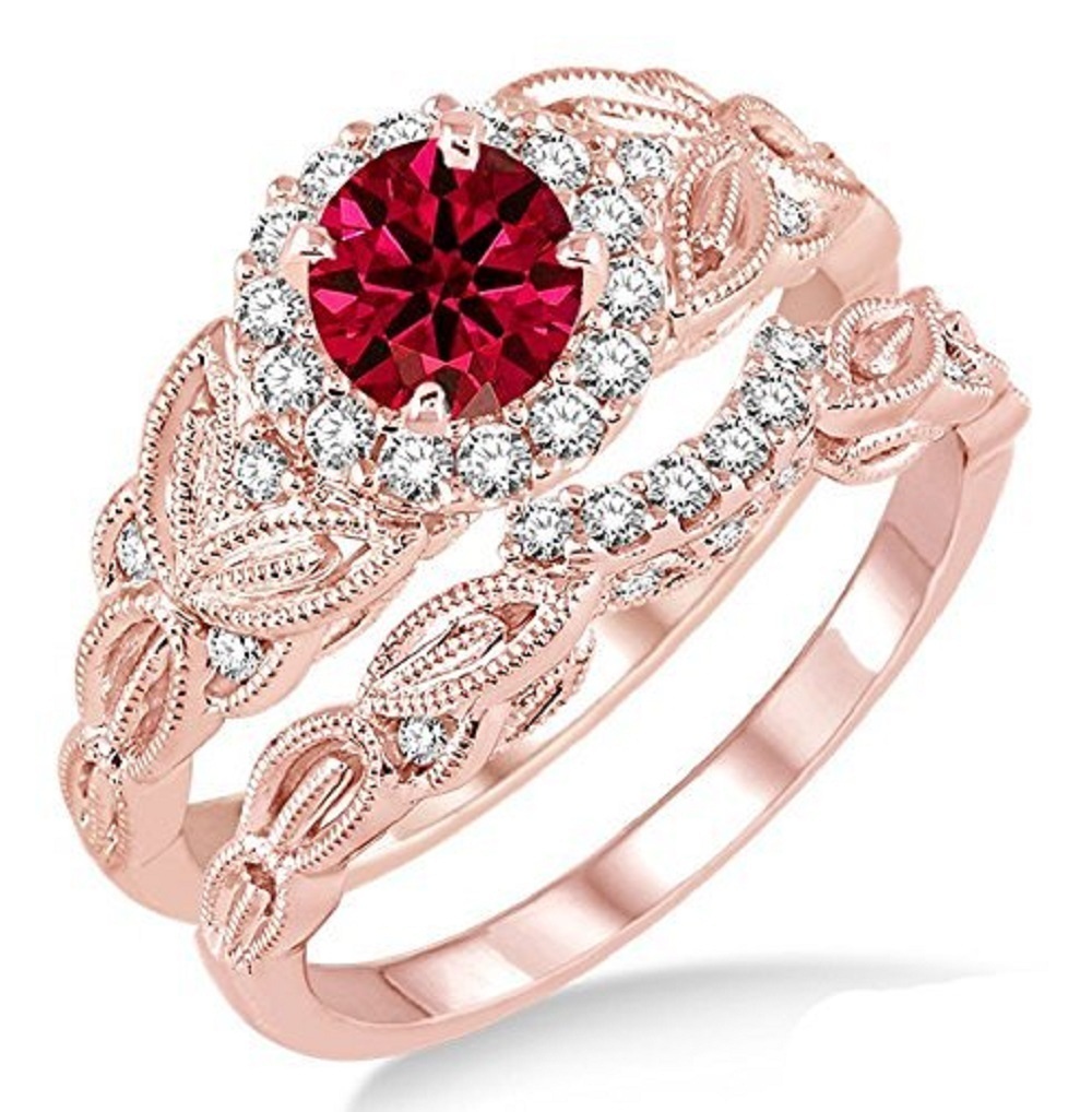 Round Cut Red Ruby 10k Rose Gold Fn 925 Women Engagement & Wedding Ring