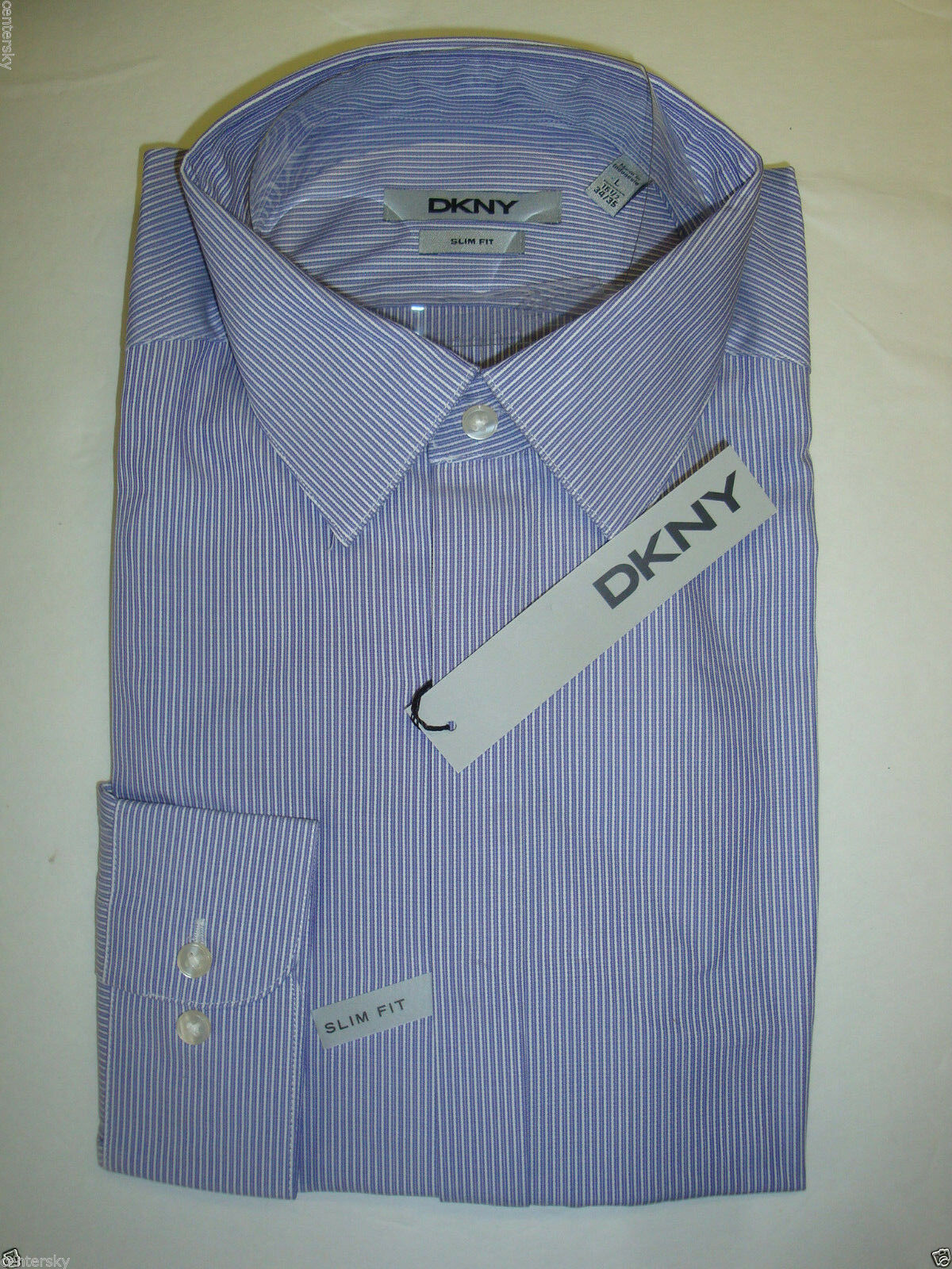 Primary image for New DKNY Men's Slim Fit LS Dress Shirt Concord Purple/White Stripe L 16.5 34/35
