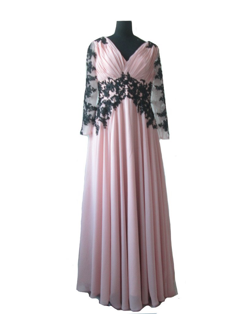 Kivary Vintage Sheer Long Sleeves Skin Pink Black Lace Beaded Prom Evening Dress