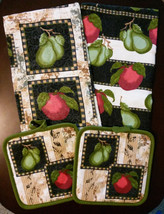 APPLE PEAR KITCHEN SET 4-pc Towels Pot Holders Fruit Apples Pears Green Red NEW image 1